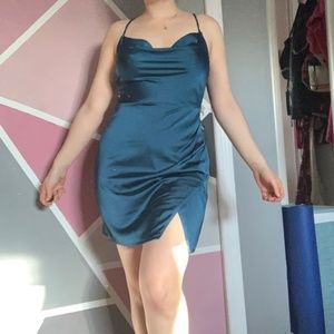 BNWT blue satin cowl neck dress